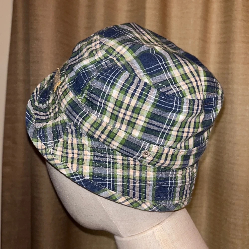 Toddler Boys Reversible Bucket Hat Khaki and Blue Green White Tan Plaid